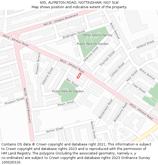 405, ALFRETON ROAD, NOTTINGHAM, NG7 5LW: Location map and indicative extent of plot