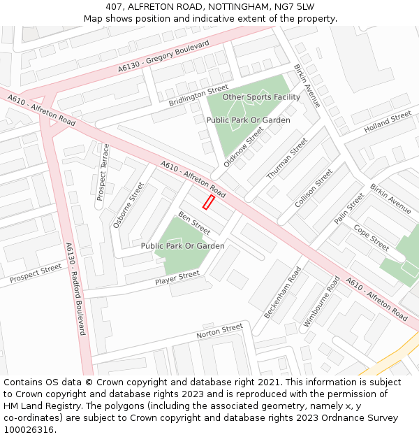 407, ALFRETON ROAD, NOTTINGHAM, NG7 5LW: Location map and indicative extent of plot