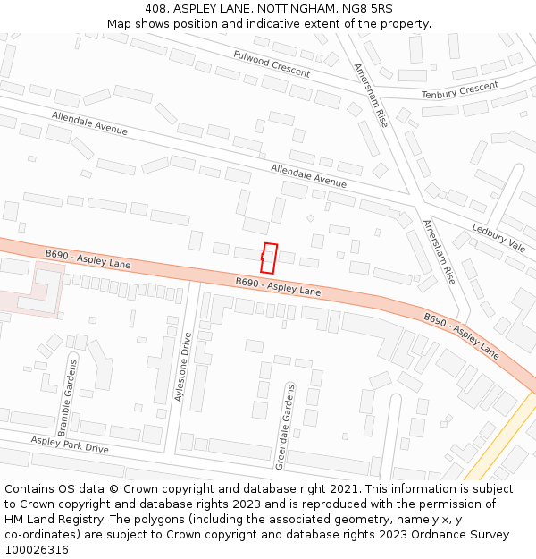 408, ASPLEY LANE, NOTTINGHAM, NG8 5RS: Location map and indicative extent of plot
