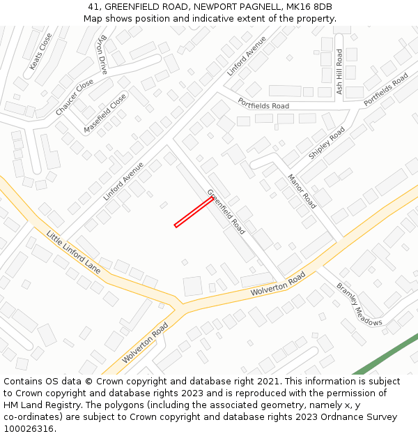41, GREENFIELD ROAD, NEWPORT PAGNELL, MK16 8DB: Location map and indicative extent of plot