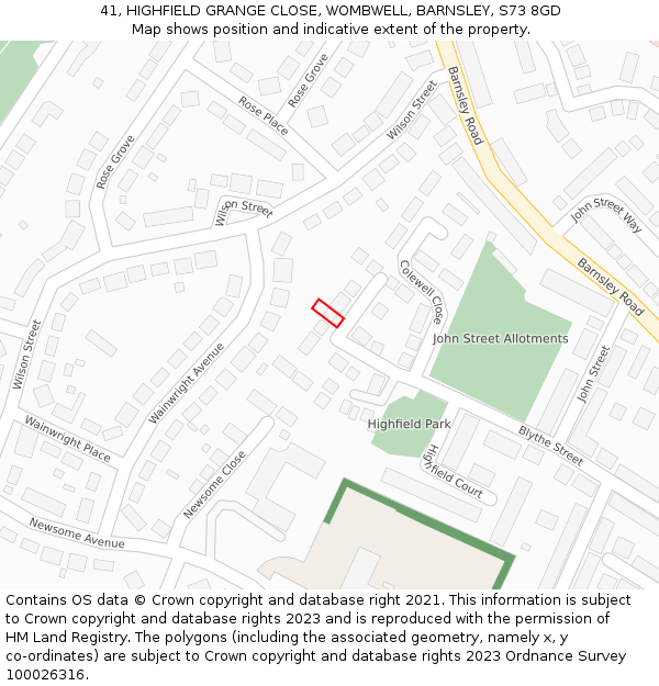 41, HIGHFIELD GRANGE CLOSE, WOMBWELL, BARNSLEY, S73 8GD: Location map and indicative extent of plot