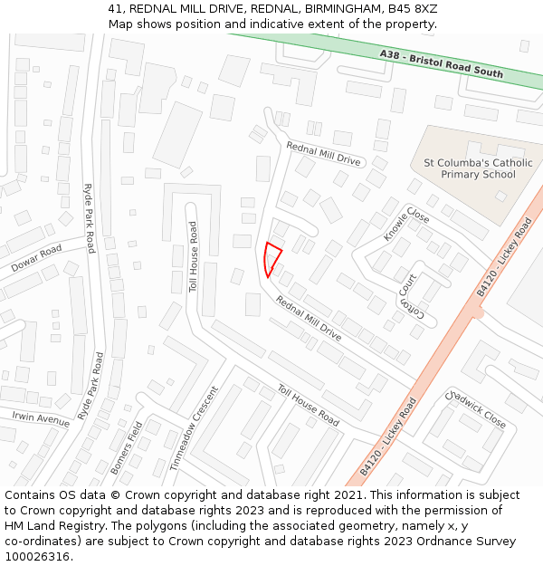 41, REDNAL MILL DRIVE, REDNAL, BIRMINGHAM, B45 8XZ: Location map and indicative extent of plot