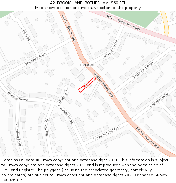 42, BROOM LANE, ROTHERHAM, S60 3EL: Location map and indicative extent of plot