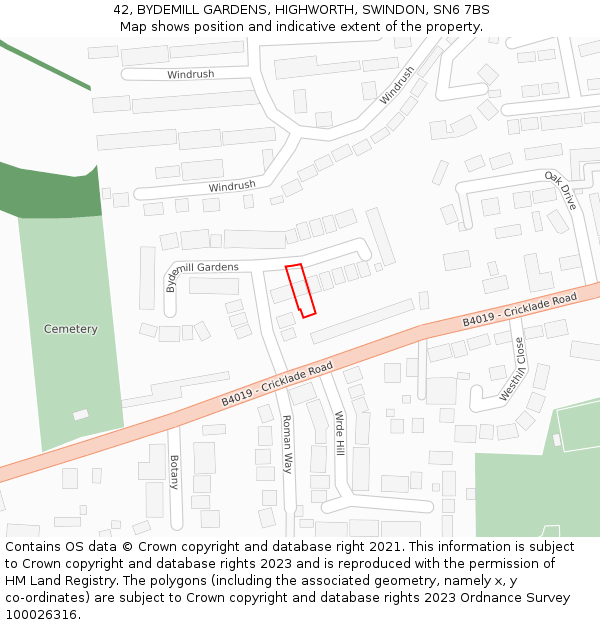 42, BYDEMILL GARDENS, HIGHWORTH, SWINDON, SN6 7BS: Location map and indicative extent of plot
