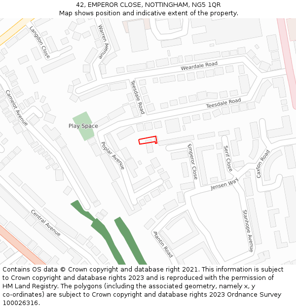 42, EMPEROR CLOSE, NOTTINGHAM, NG5 1QR: Location map and indicative extent of plot