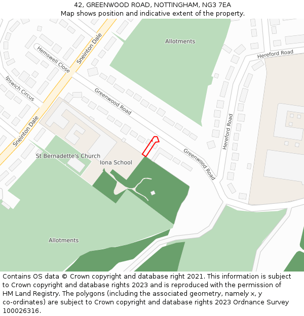 42, GREENWOOD ROAD, NOTTINGHAM, NG3 7EA: Location map and indicative extent of plot