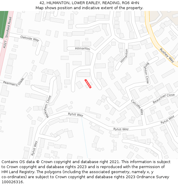 42, HILMANTON, LOWER EARLEY, READING, RG6 4HN: Location map and indicative extent of plot