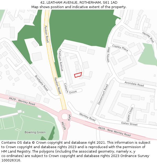 42, LEATHAM AVENUE, ROTHERHAM, S61 1AD: Location map and indicative extent of plot