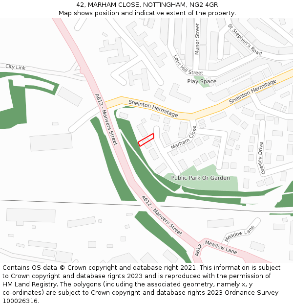 42, MARHAM CLOSE, NOTTINGHAM, NG2 4GR: Location map and indicative extent of plot