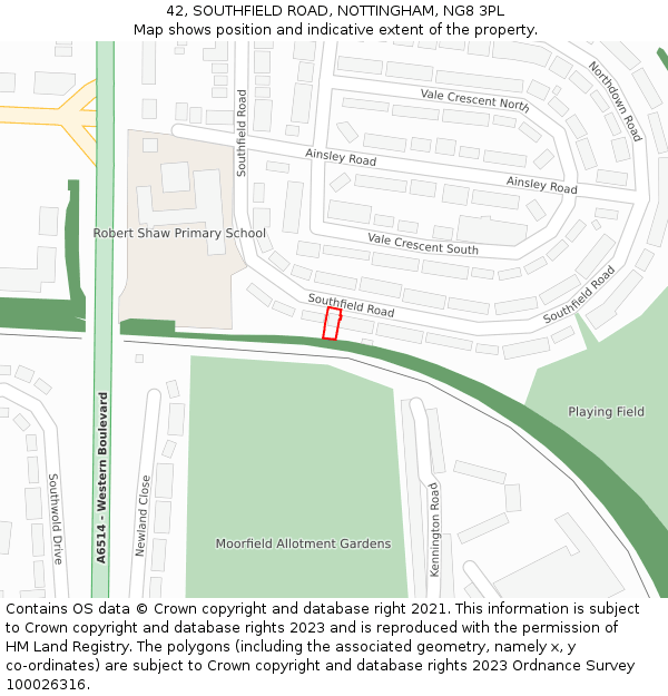 42, SOUTHFIELD ROAD, NOTTINGHAM, NG8 3PL: Location map and indicative extent of plot