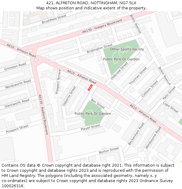421, ALFRETON ROAD, NOTTINGHAM, NG7 5LX: Location map and indicative extent of plot