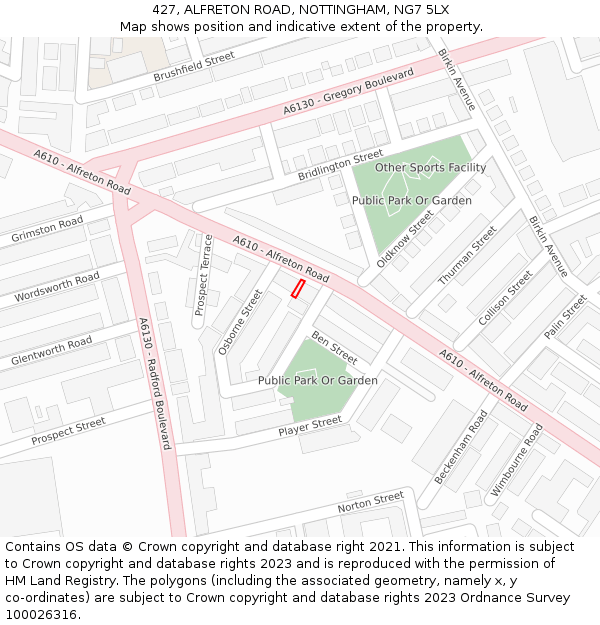 427, ALFRETON ROAD, NOTTINGHAM, NG7 5LX: Location map and indicative extent of plot
