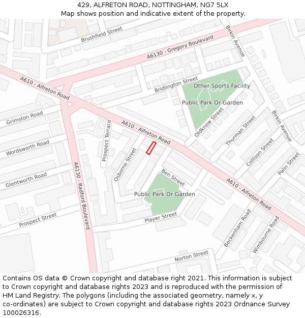 429, ALFRETON ROAD, NOTTINGHAM, NG7 5LX: Location map and indicative extent of plot