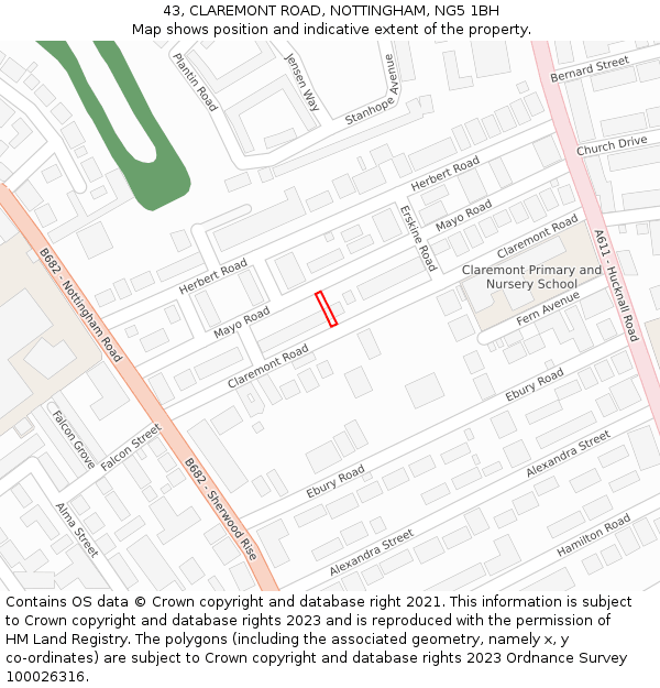 43, CLAREMONT ROAD, NOTTINGHAM, NG5 1BH: Location map and indicative extent of plot