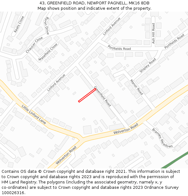 43, GREENFIELD ROAD, NEWPORT PAGNELL, MK16 8DB: Location map and indicative extent of plot