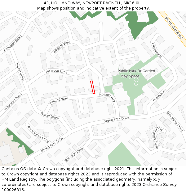 43, HOLLAND WAY, NEWPORT PAGNELL, MK16 0LL: Location map and indicative extent of plot