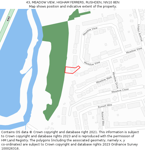 43, MEADOW VIEW, HIGHAM FERRERS, RUSHDEN, NN10 8EN: Location map and indicative extent of plot