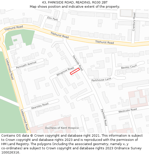 43, PARKSIDE ROAD, READING, RG30 2BT: Location map and indicative extent of plot