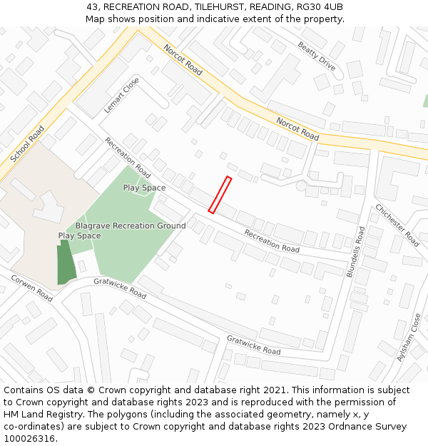43, RECREATION ROAD, TILEHURST, READING, RG30 4UB: Location map and indicative extent of plot
