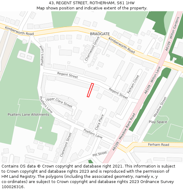 43, REGENT STREET, ROTHERHAM, S61 1HW: Location map and indicative extent of plot