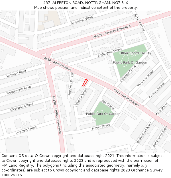 437, ALFRETON ROAD, NOTTINGHAM, NG7 5LX: Location map and indicative extent of plot