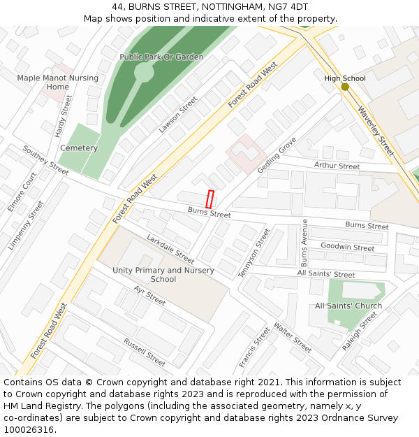 44, BURNS STREET, NOTTINGHAM, NG7 4DT: Location map and indicative extent of plot