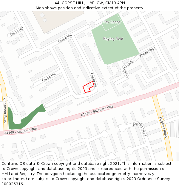 44, COPSE HILL, HARLOW, CM19 4PN: Location map and indicative extent of plot