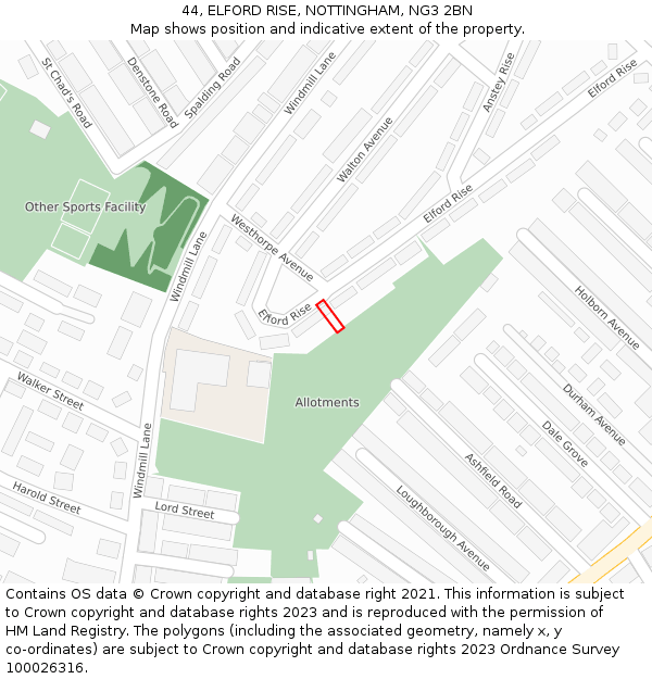 44, ELFORD RISE, NOTTINGHAM, NG3 2BN: Location map and indicative extent of plot