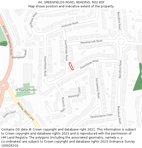 44, GREENFIELDS ROAD, READING, RG2 8SF: Location map and indicative extent of plot