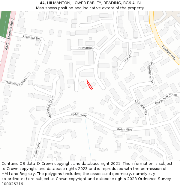 44, HILMANTON, LOWER EARLEY, READING, RG6 4HN: Location map and indicative extent of plot