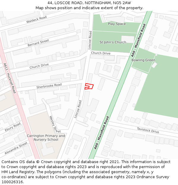 44, LOSCOE ROAD, NOTTINGHAM, NG5 2AW: Location map and indicative extent of plot