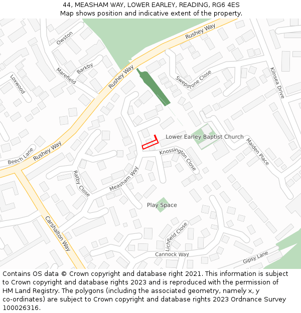 44, MEASHAM WAY, LOWER EARLEY, READING, RG6 4ES: Location map and indicative extent of plot
