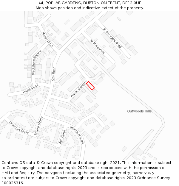 44, POPLAR GARDENS, BURTON-ON-TRENT, DE13 0UE: Location map and indicative extent of plot