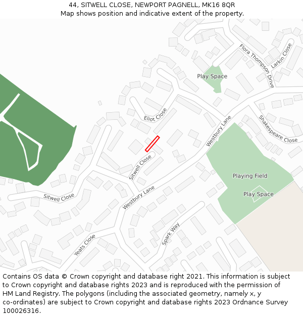 44, SITWELL CLOSE, NEWPORT PAGNELL, MK16 8QR: Location map and indicative extent of plot