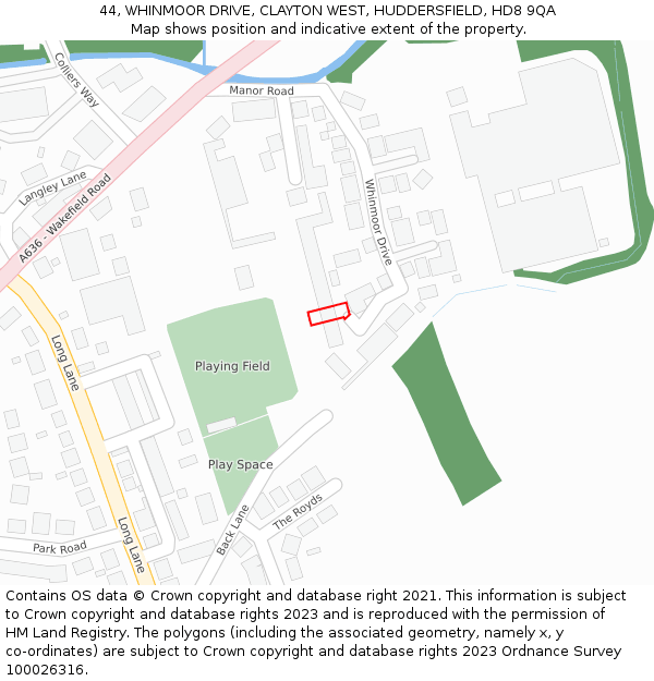 44, WHINMOOR DRIVE, CLAYTON WEST, HUDDERSFIELD, HD8 9QA: Location map and indicative extent of plot