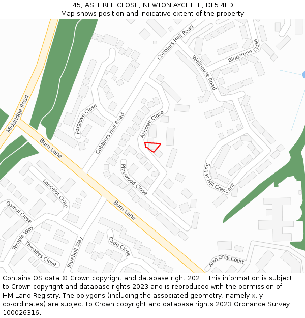 45, ASHTREE CLOSE, NEWTON AYCLIFFE, DL5 4FD: Location map and indicative extent of plot