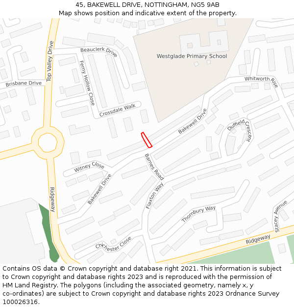 45, BAKEWELL DRIVE, NOTTINGHAM, NG5 9AB: Location map and indicative extent of plot