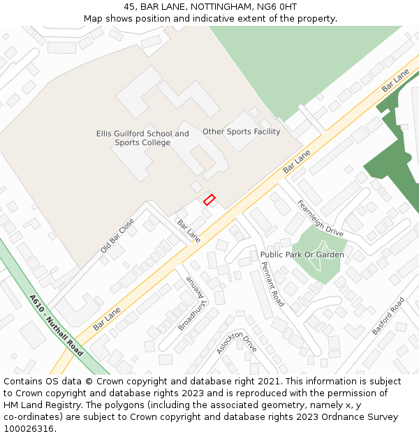 45, BAR LANE, NOTTINGHAM, NG6 0HT: Location map and indicative extent of plot
