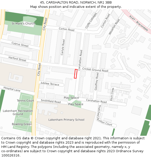 45, CARSHALTON ROAD, NORWICH, NR1 3BB: Location map and indicative extent of plot