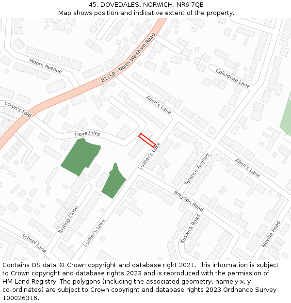45, DOVEDALES, NORWICH, NR6 7QE: Location map and indicative extent of plot