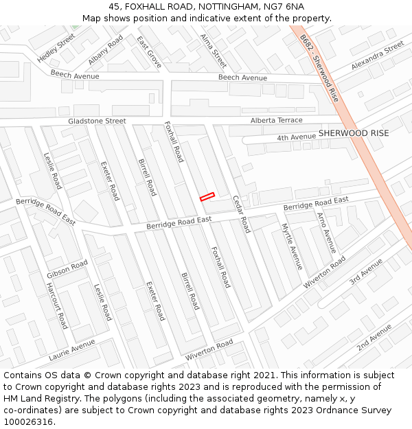 45, FOXHALL ROAD, NOTTINGHAM, NG7 6NA: Location map and indicative extent of plot