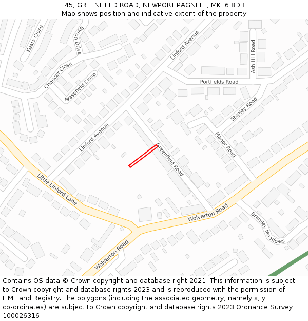 45, GREENFIELD ROAD, NEWPORT PAGNELL, MK16 8DB: Location map and indicative extent of plot