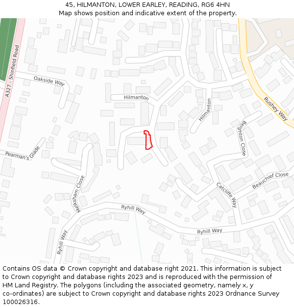 45, HILMANTON, LOWER EARLEY, READING, RG6 4HN: Location map and indicative extent of plot