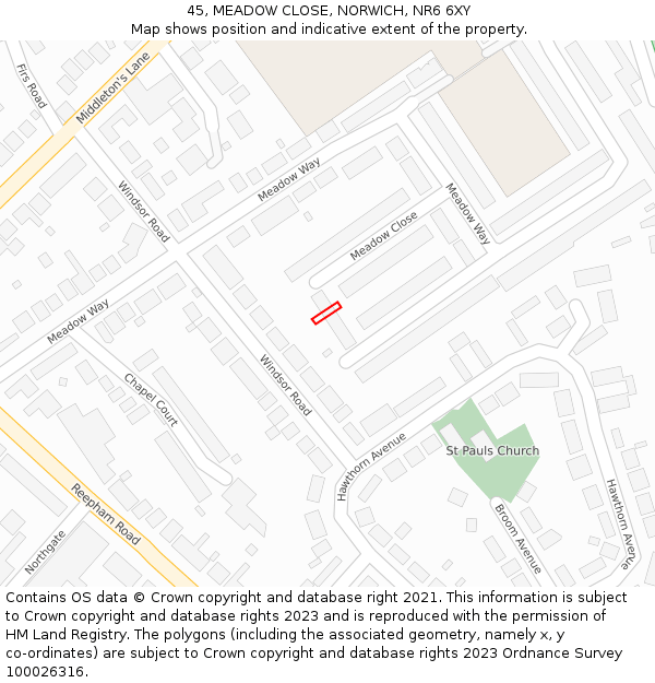 45, MEADOW CLOSE, NORWICH, NR6 6XY: Location map and indicative extent of plot