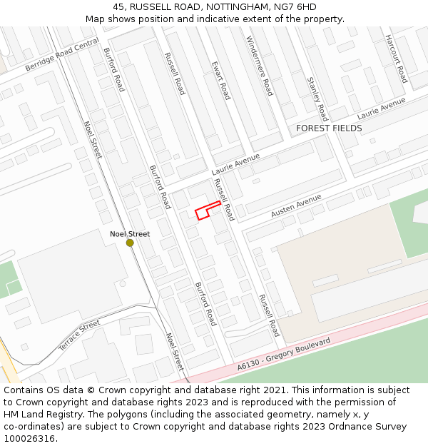 45, RUSSELL ROAD, NOTTINGHAM, NG7 6HD: Location map and indicative extent of plot