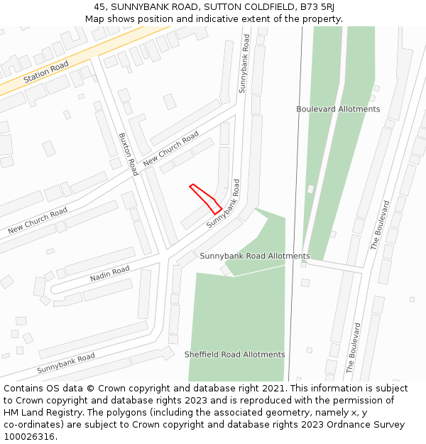 45, SUNNYBANK ROAD, SUTTON COLDFIELD, B73 5RJ: Location map and indicative extent of plot