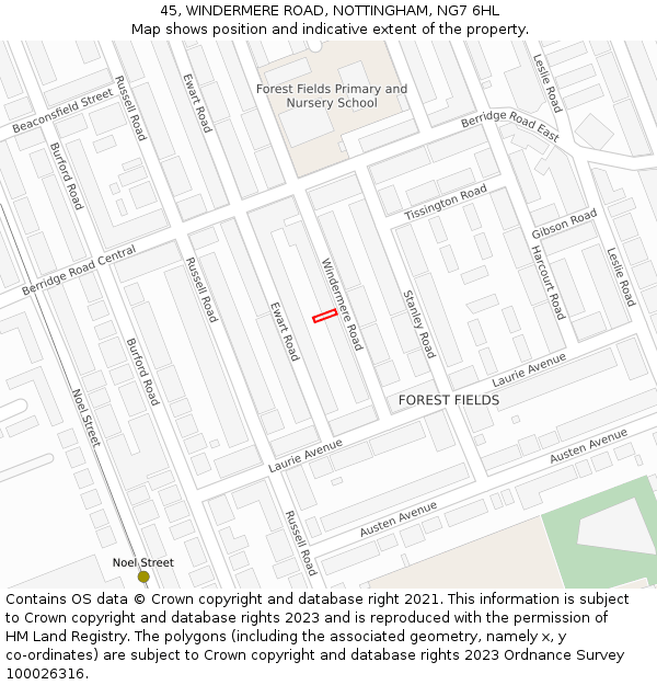 45, WINDERMERE ROAD, NOTTINGHAM, NG7 6HL: Location map and indicative extent of plot