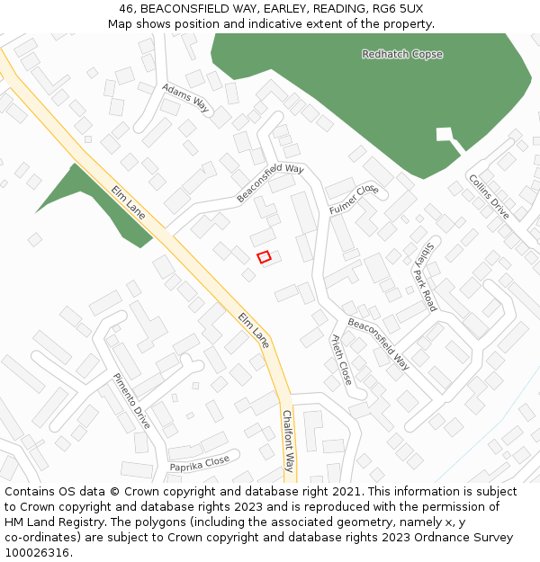 46, BEACONSFIELD WAY, EARLEY, READING, RG6 5UX: Location map and indicative extent of plot