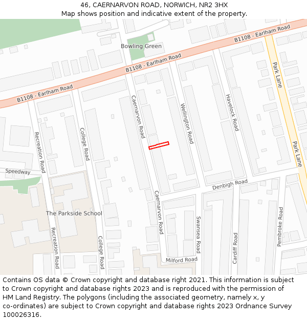 46, CAERNARVON ROAD, NORWICH, NR2 3HX: Location map and indicative extent of plot