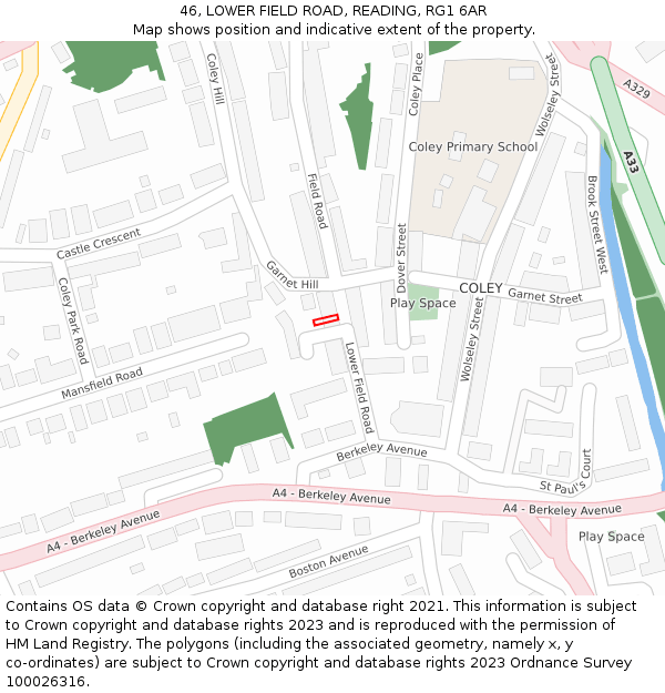 46, LOWER FIELD ROAD, READING, RG1 6AR: Location map and indicative extent of plot